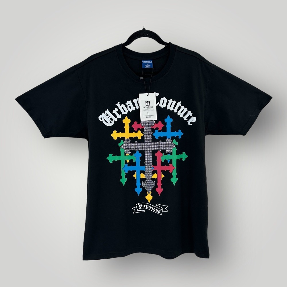 Victorious Urban Couture T Shirt Mens L Black Cross Rhinestone Graphic NWT‎